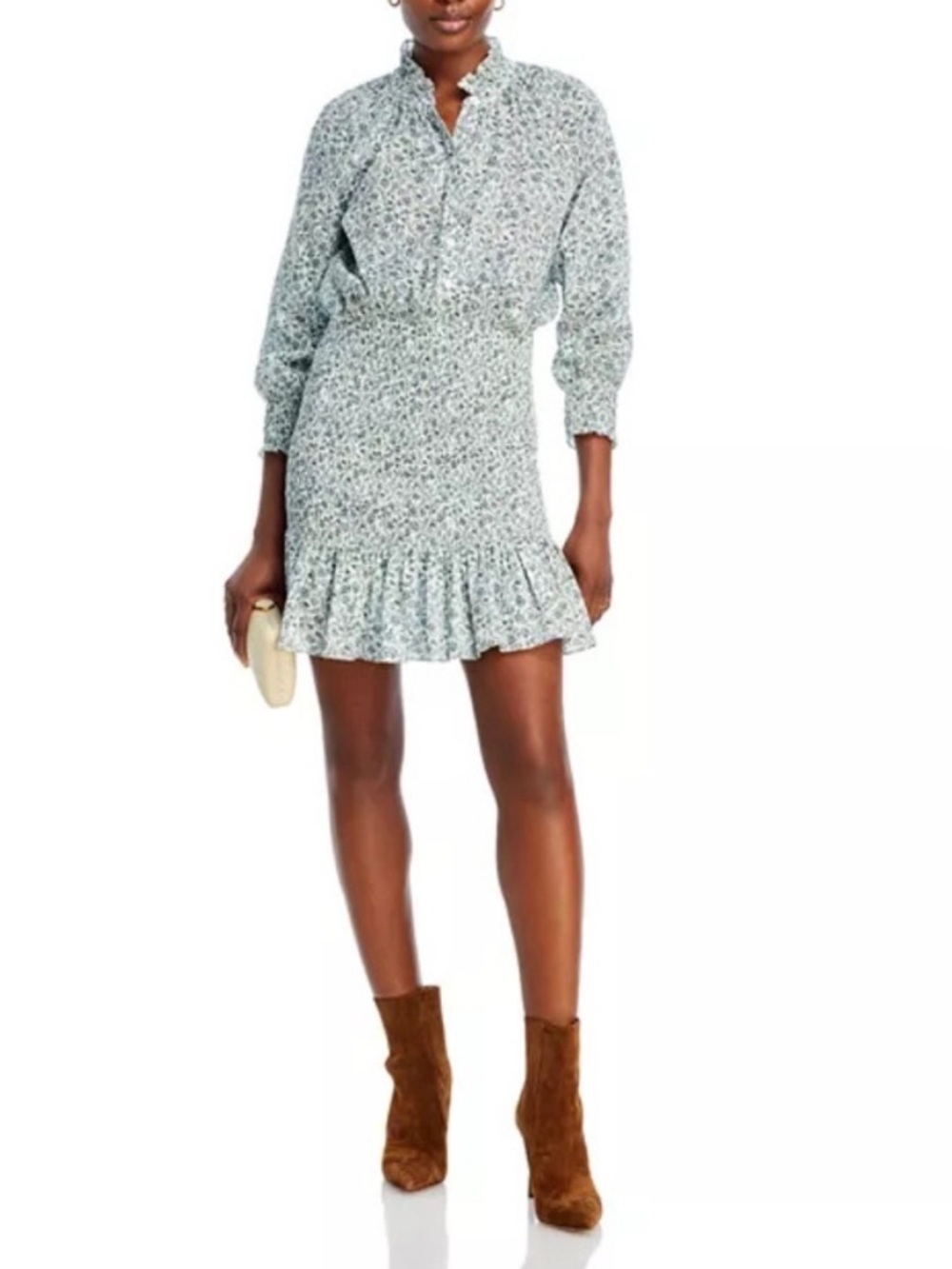 Veronica Beard Corsica Dress Ecru Sage Floral Long Sleeve Smocked Mini NWT Sz S